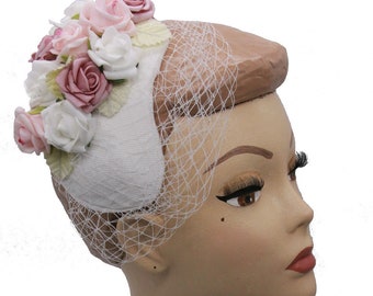 Fascinator / Beautiful little half hat with pastel roses and veil, bandeau hat