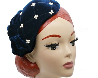 Fascinator Half hat velvet dark blue bow pearls 50th vintage rockabilly retro headpiece bandeau hat