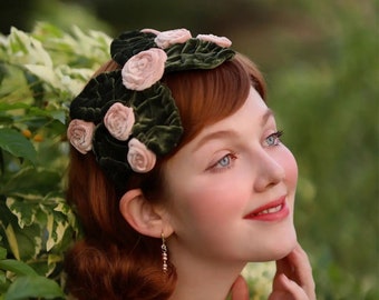 Bandeau Hat, Cottage Core Style Half Hat, Vintage Style in Velvet with Roses