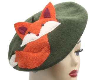 Beret fox, autumn hat women, forest animal cute