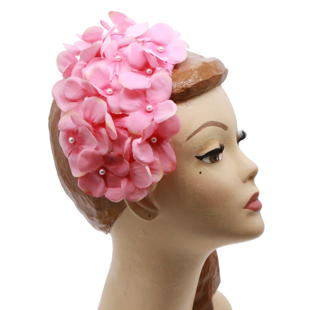 Fascinator Half Hat Hydrangea Pink Pearls Vintage Retro  display picture 3