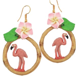 Earring Flamingo in bamboo pink frangipani aloha hawaii tiki  Vintage miniature Statement rockabilly