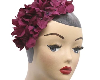 Fascinator Cocktail Clip Half Hat Hydrangea Violet Pearls Vintage Retro Rockabilly