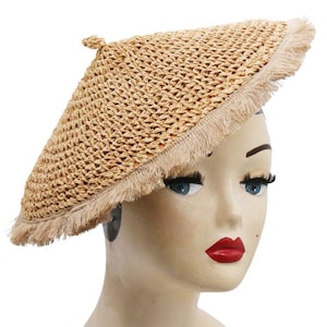 Conical hat, straw hat, vintage natural with raffia and fringes