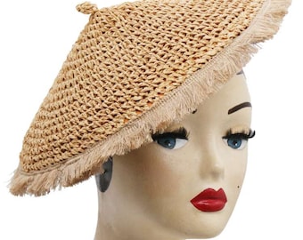 Conical hat, straw hat, vintage natural with raffia and fringes