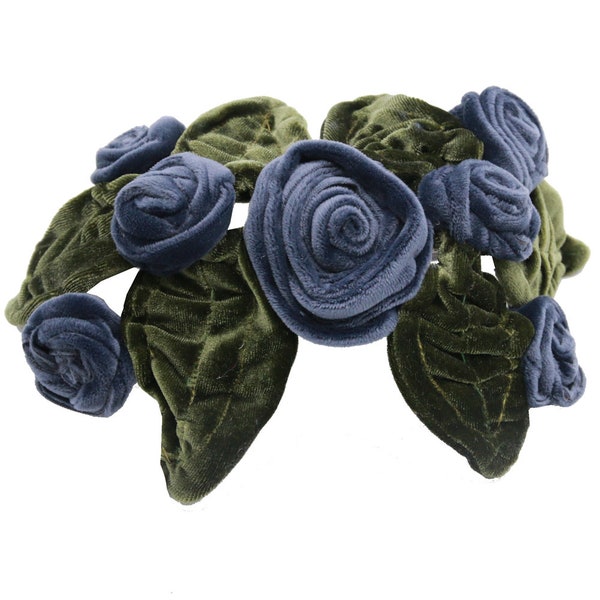 Cappello a fascia, mezzo cappello, fascinator, velluto stile vintage con foglie di rose blu