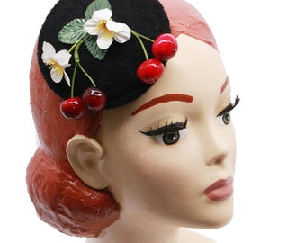 Fascinator red with cherries and blossoms cake cherry black vintage rockabilly retro headpiece