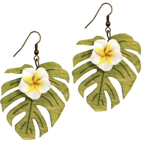 Ohrringe Plumeria Frangipani weiss Blatt Monstera Tiki Hawaii Vintage Rockabilly