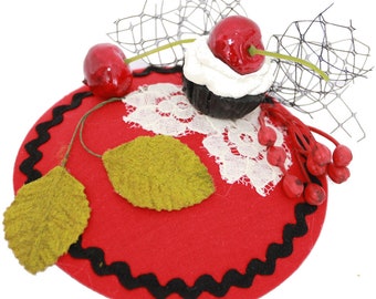 Fascinator red with cherries and cupcake cake cherry black vintage rockabilly retro headpiece