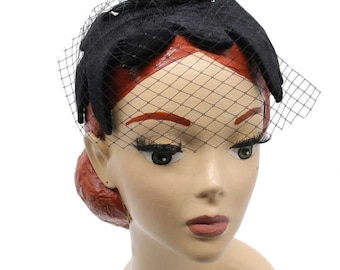 Bandeau Half Hat, Vintage Fascinator Velvet Black with Net