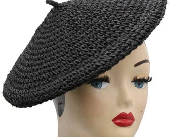 Conical hat, straw hat, vintage natural made of raffia in black