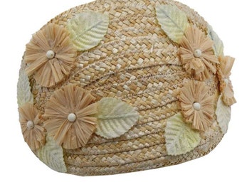 Half Hat, Vintage Straw with Raffia Flowers, Natural Hat