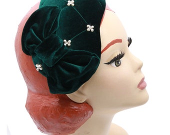 Fascinator Half hat velvet dark green bow pearls 50th vintage bandeau hat rockabilly retro headpiece