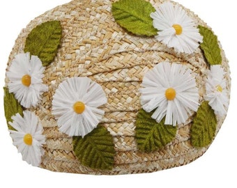 Half Hat, Vintage Straw with Raffia Flowers Colorful, Natural Hat