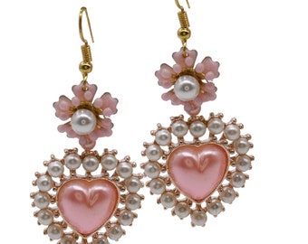 Earrings hearts pink, glitter beads and enamel flower vintage statement