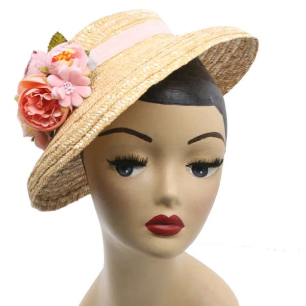 Mushroom straw hat, vintage pink flowers sun hat, cottage core
