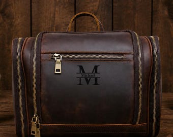 Groomsmen Gifts WaterProof Full Grian Leather Shaving Kit/Dopp Kit Hanging Toiletry Bag Personalized Large Men's Wash Bag