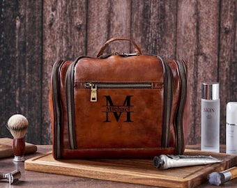 Groomsmen Gifts Hanging Toiletry Bag Personalized Large Men's Wash Bag WaterProof Full Grian Leather Shaving Kit/Dopp Kit Christmas Gifts