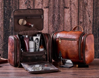 Groomsmen Gifts Hanging Toiletry Bag Personalized Large Men&#39;s Wash Bag WaterProof Full Grian Leather Shaving Kit/Dopp Kit Christmas Gifts