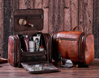 Groomsmen Geschenke Hängender Kulturbeutel Personalisierte große Herren Kulturtasche Wasserdichtes Rasierset aus Vollleder