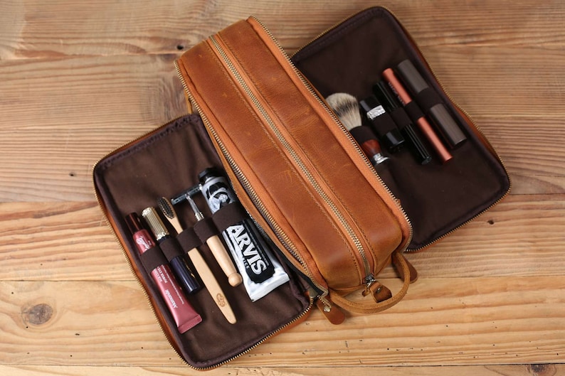 Groomsmen Gift, Groomsmen Proposal, Waterproof Leather Toiletry Bag, Leather Dopp Kit, Men's Shaving Kit, Groomsman Gift, Bridesmaid Gift image 9