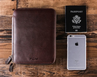 Personalized Leather Travel Wallet Groomsmen Gift Custom Leather Passport Wallet Men Leather Document Wallet iPad Mini Kindle Folio Holder