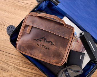Hanging Toiletry Bag for Men Women,Customized Full Grain Leather Toiletry Bag for Travel,Makeup Cosmetic Case,Shaving Kit Bag,Dopp Kit Brown