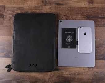 Large Personalized Groomsmen Leather Travel Wallet, Unique Wedding Gift, Custom iPad Pro Passport Holder with Monogram, Document Organizer