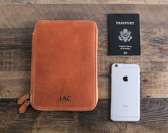 Personalized Tan Brown Leather Travel Wallet, Groomsmen Gift, iPad Mini Kindle Folio Passport Holder, Custom Leather Document Organizer