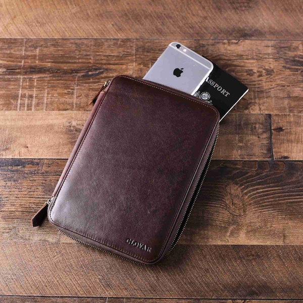 Flash Sale Leather Travel Wallet Monogrammed with CLOVAR, Groomsmen Gift, Leather Passport Wallet, Men Leather Document Wallet, iPad Holder