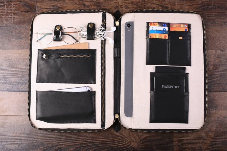 iPad Pro Passport Holder with Monogram Document Organizer Unique Groomsmen Gift Large Personalized Leather Travel Wallet Wedding Gift