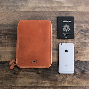 Personalized Groomsmen Tan Brown Leather Travel Wallet, Unique Groomsmen Gift, iPad Mini Passport Holder with Monogram, Christmas Gift Tan Brown