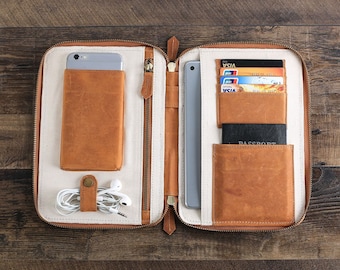 Personalized Groomsmen Tan Brown Leather Travel Wallet, Unique Groomsmen Gift, iPad Mini Passport Holder with Monogram, Christmas Gift