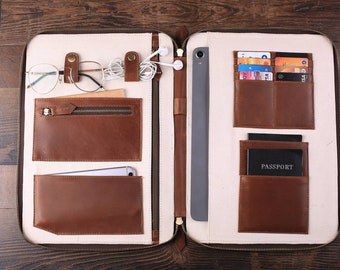 Large Personalized Leather Travel Wallet, Groomsmen Gift, Custom iPad Pro Passport Holder with Monogram, Christmas Gift, Birthday Gift