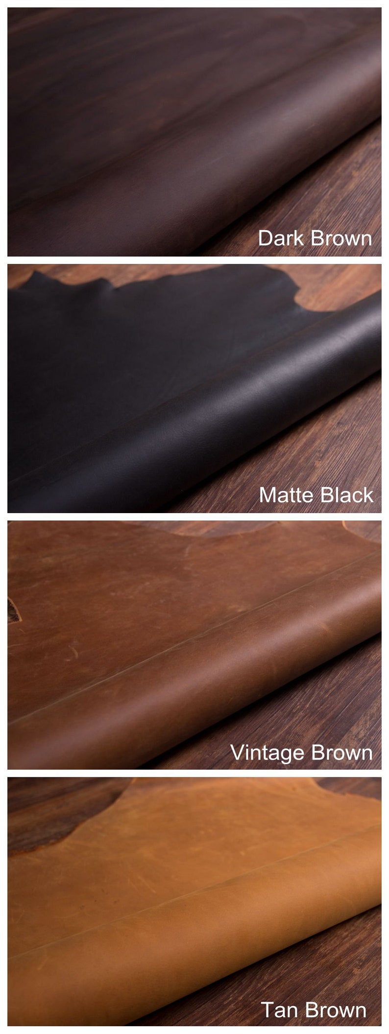 May include: Four leather swatches in different colors: dark brown, matte black, vintage brown, and tan brown. Each swatch is rolled up and placed on a wooden surface.