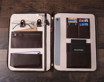 Personalized Groomsmen Leather Travel Wallet, Groomsmen Gift, Custom iPad Pro Folio Passport Holder with Monogram, Document Organizer