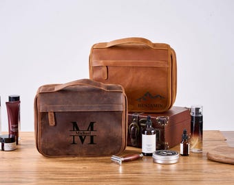 Customized Full Grain Leather Toiletry Bag for Travel,Hanging Toiletry Bag for Men Women,Makeup Cosmetic Case,Shaving Kit Bag,Dopp Kit Brown