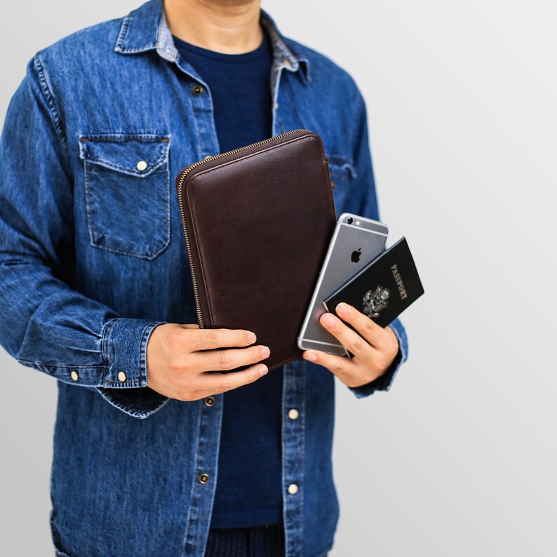 Personalized Groomsmen Tan Brown Leather Travel Wallet, Unique Groomsmen Gift, iPad Mini Passport Holder with Monogram, Christmas Gift image 9