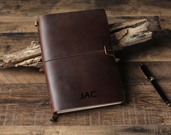 May include: A brown leather journal with a strap closure and the name "JAC" embossed on the front.