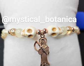 Santa Muerte Bracelet | Bone Beads & Gold-Laminated Charm | Macrame Adjustable Bracelet | Spiritual Protection Jewelry