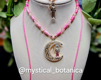 Handmade Santa Muerte Necklace Bracelet Set – Blessed, Anointed, Multi-tone Pink Spiritual Jewelry