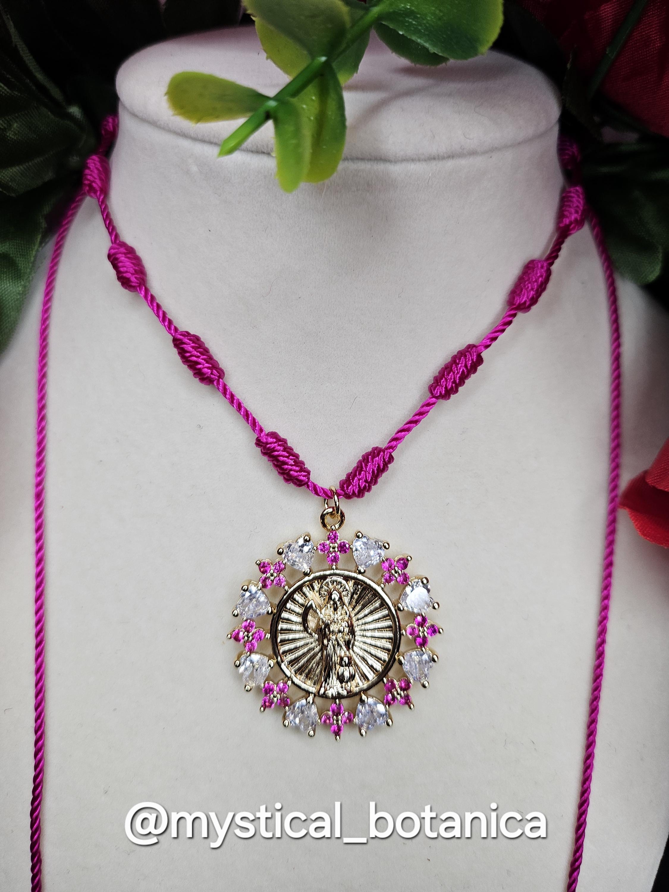 Santa Muerte Laminated Gold Pendant Necklace | Adjustable Cord | Anointed Protection Amulet
