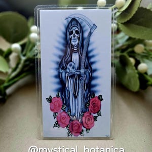 Handmade Santa Muerte Protection Prayer Card – Original Art – English & Spanish – Laminated Altar Card