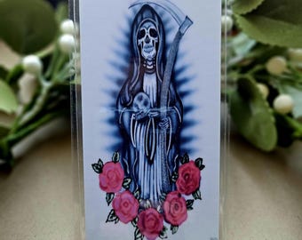 Handmade Santa Muerte Protection Prayer Card – Original Art – English & Spanish – Laminated Altar Card