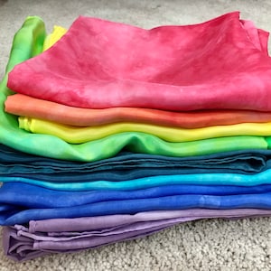 So many play silks, hand dyed silks, mottled silks, play silks, open ended play, rainbow silks, alter silks, nature table silks, Waldorf