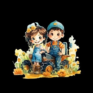 Zeichentrickfiguren für Kinder, die landwirtschaftliche Werkzeuge und Geräte verwenden. Aquarellstil.