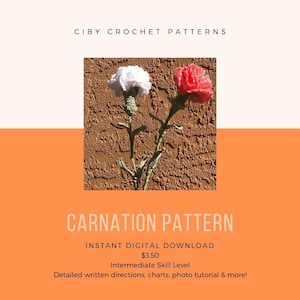 Carnation, Carnation Crochet Pattern, Crochet Pattern, Crochet Flowers, Rose Pattern, gifts for her, easter, mothers day, spring decor