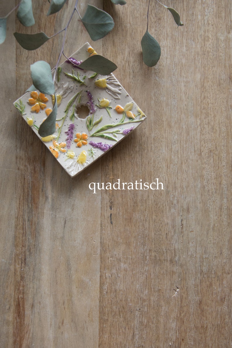 Ceramic soap dish colorful flower meadow square quadratisch