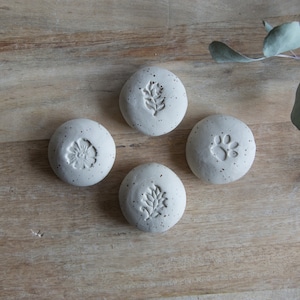 Könnte beinhalten: Vier weiße Keramik-Untersetzer mit verschiedenen Designs: eine Blume, ein Blatt, ein Pfotenabdruck und ein weiteres Blatt. Die Untersetzer befinden sich auf einer hellbraunen Holzoberfläche.