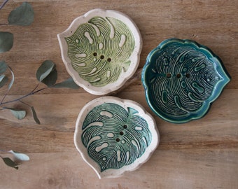Ceramic soap dish - Monstera - various shades of green - dark green - light green